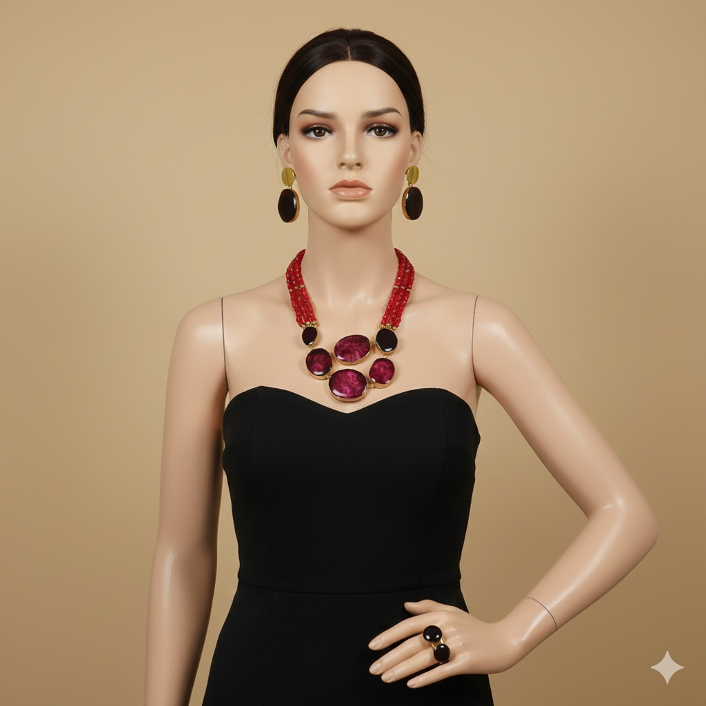 Fashion accessory - Crimson Jewellery Set - Necklace, Earring, Ring